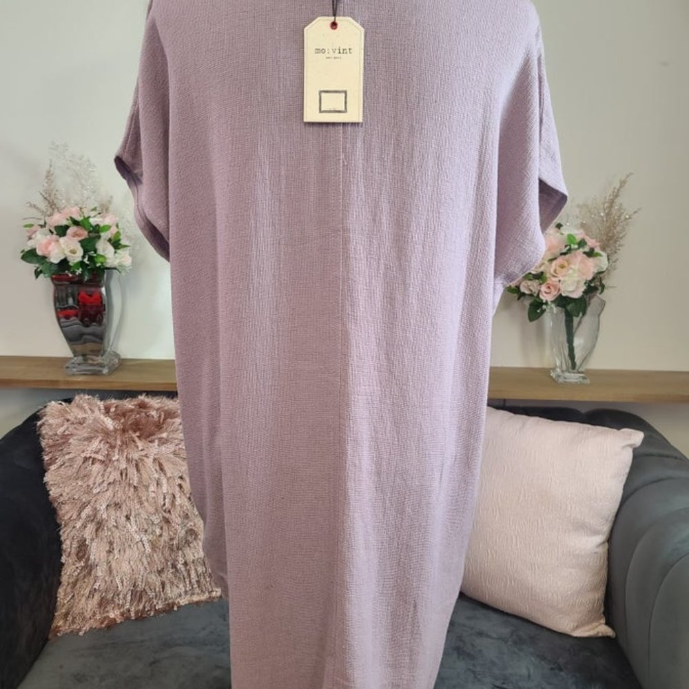 Lavender Linen Short Sleeve Dress with Pockets - Picture 6 of 6